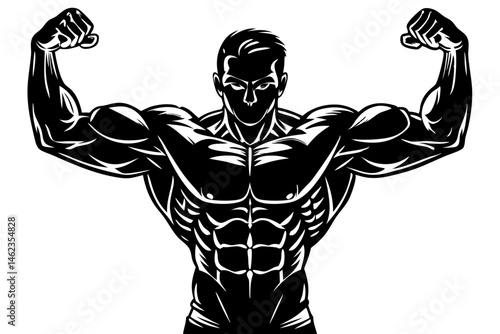 Silhouette of a strong man flexing biceps with arms raised high, silhouette, man, flexing, biceps, arms raised, strong, bodybuilder, muscle, fitness, exercise, strength, pose, black, vector, graphic