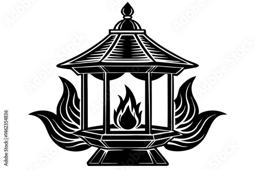 Single black silhouette design of a traditional tiered japanese lantern, lantern, silhouette, japanese, traditional, tiered, roof, light, asia, asian, oriental, decoration, decor, design, graphic