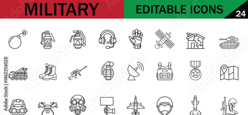 24 Military Line Icons – Editable Thin Stroke Vector Set Featuring Weapons, Vehicles, Gear, Communication, Soldier Tools, War Elements, and Tactical Combat Symbols for UI/UX and Infographics.