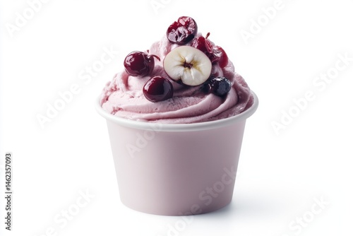 Tub of cherry almond ice cream with visible fruit and nuts, isolated on white background in clean, sharp, minimalistic presentation