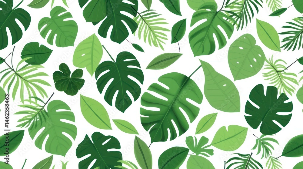 Tropical leaf pattern on white background. A variety of vibrant green tropical leaves, ranging in size and shape, create a visually appealing seamless pattern Tropical leaf pattern on white background. A variety of vibrant green tropical leaves, ranging in size and shape, create a visually appealing seamless pattern
