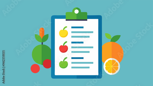 Genetic Test Results A closeup of a clipboard displaying genetic test results with colorful nutritional foods like fruits and veggies next to it.