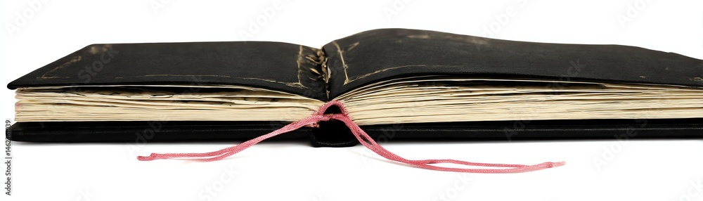 Open vintage book with worn pages and pink ribbon bookmark, isolated on white background.