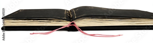 Obraz na płótnie Open vintage book with worn pages and pink ribbon bookmark, isolated on white background. w salonie