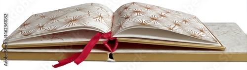 Open book with a decorative cover and red ribbon, white isolated background.