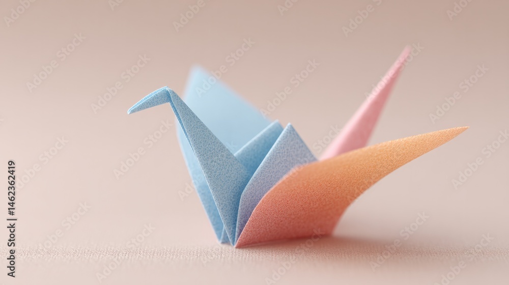 Naklejka premium minimalistic paper crane in soft pastel colors on blank neutral background