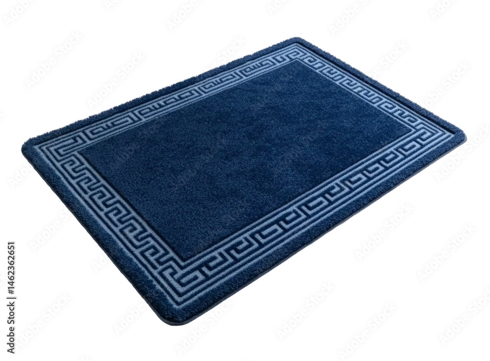 A plush navy blue area rug with intricate geometric patterns along the edges, set against a clean, white background, ideal for home decor or interior design projects A plush navy blue area rug with intricate geometric patterns along the edges, set against a clean, white background, ideal for home decor or interior design projects