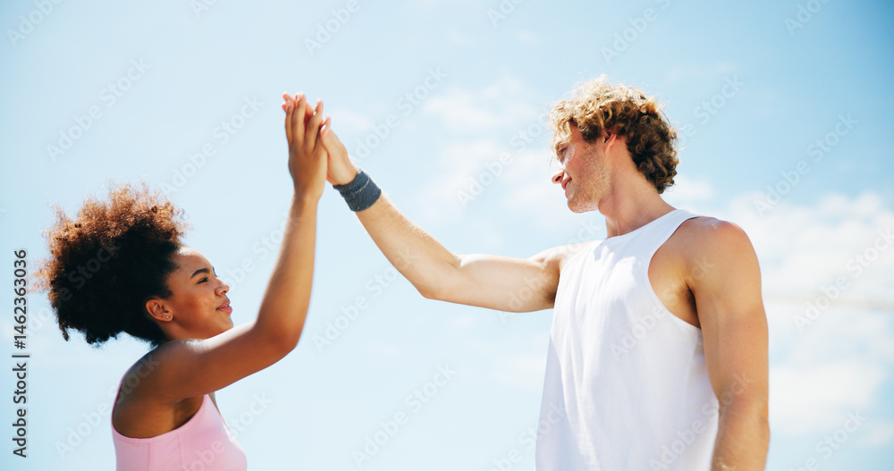 Woman, man and high five for fitness, outdoor and happy with achievement, goals and training by sky in summer. People, team and support with cheers, celebration and motivation for workout in nature Woman, man and high five for fitness, outdoor and happy with achievement, goals and training by sky in summer. People, team and support with cheers, celebration and motivation for workout in nature