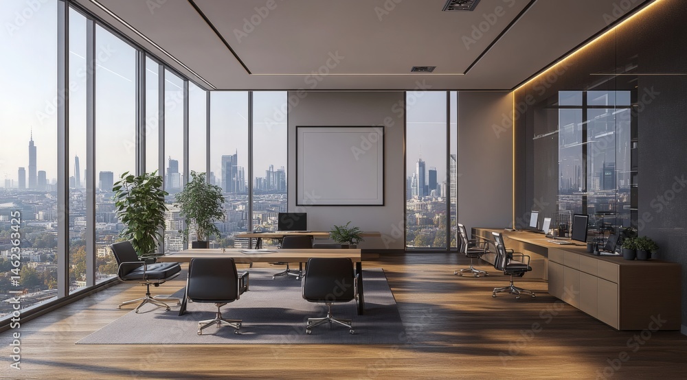 Obraz premium Blank poster mockup on wall in modern office with city view and minimalist open workspace in 3D rendering