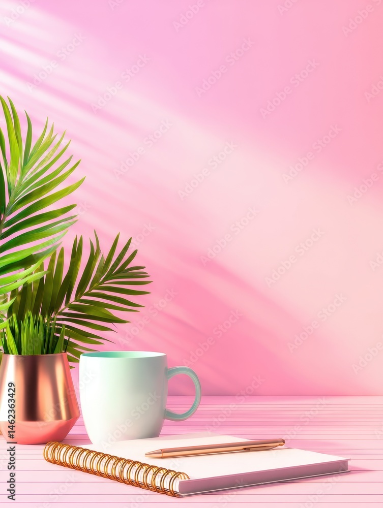 A serene workspace featuring a notebook, pen, and a green plant against a pink background