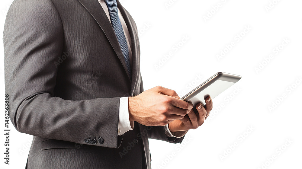 Portrait of a professional, young handsome businessman holding a tablet, isolated on white background, half body shot, relaxed Portrait of a professional, young handsome businessman holding a tablet, isolated on white background, half body shot, relaxed