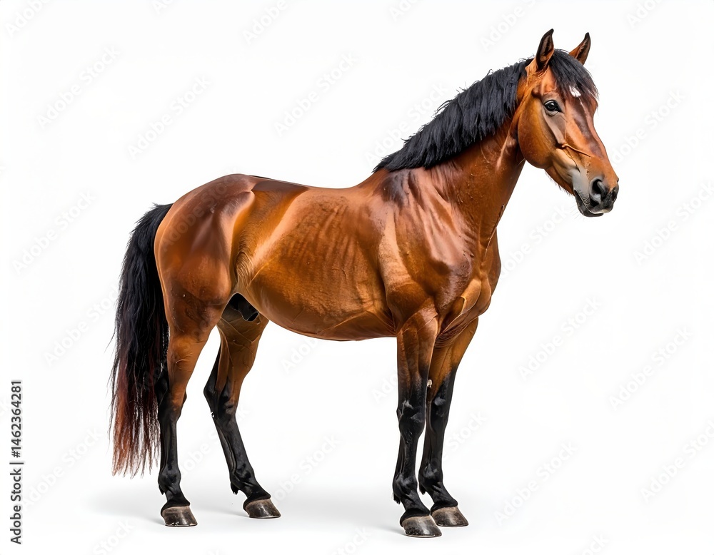 Obraz premium A strong brown horse with a shiny coat stands against a plain white background.