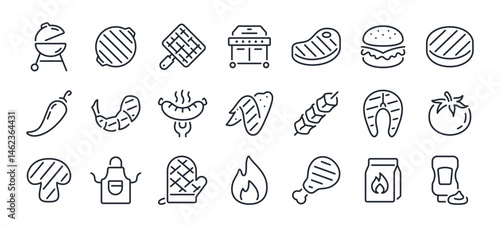 BBQ barbecue grill, meat, sausage, fish, chicken cooking editable stroke outline icons set isolated on white background flat vector illustration. Pixel perfect. 64 x 64.