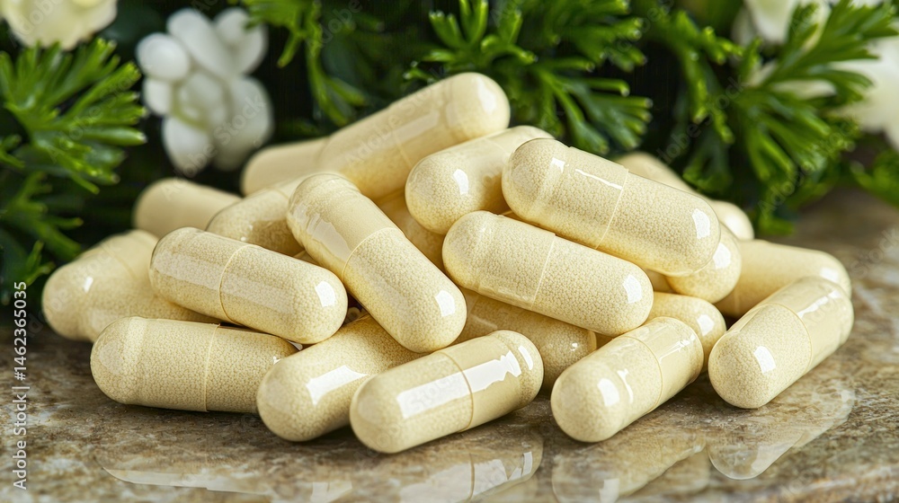 Beige capsules nestled amongst greenery Beige capsules nestled amongst greenery