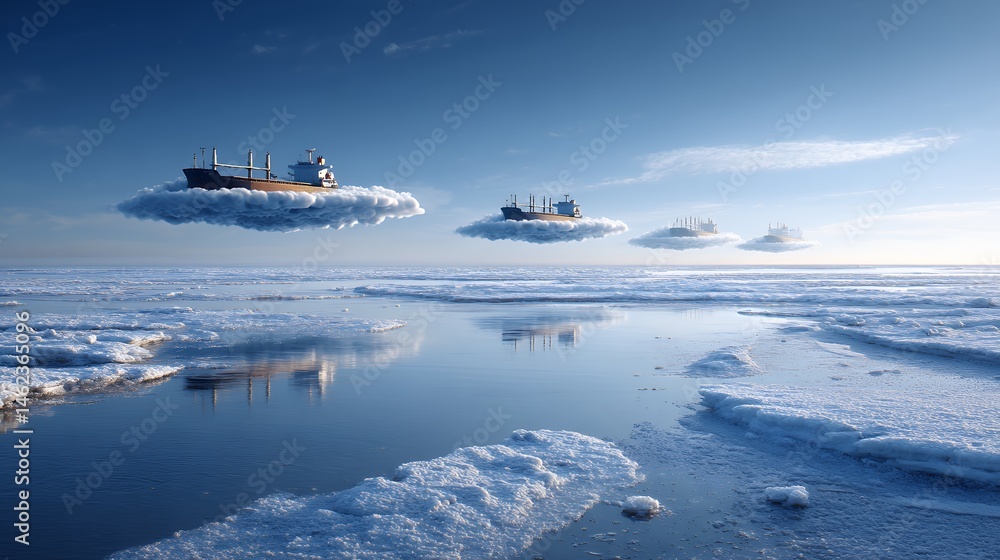 Cargo Ships Floating on Clouds Above Icy Sea Cargo Ships Floating on Clouds Above Icy Sea