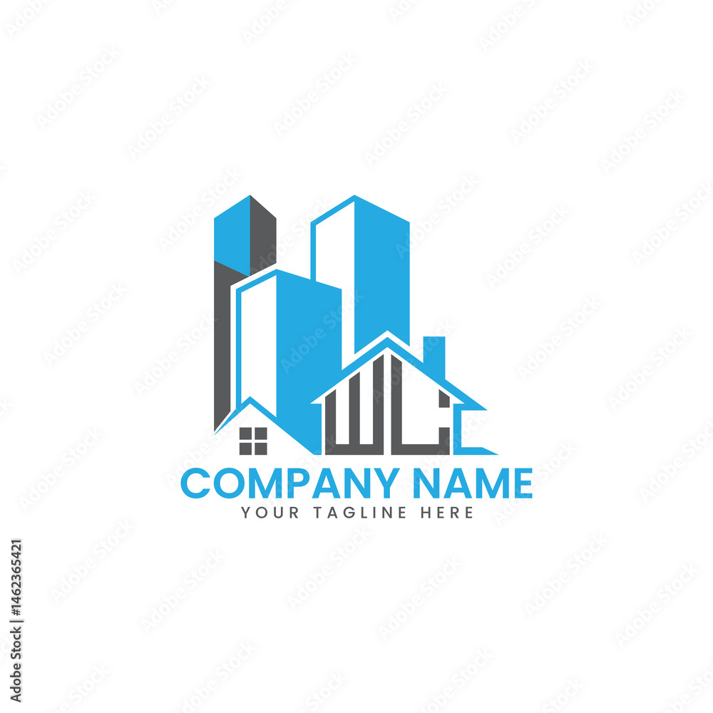 Fototapeta premium Modern Real Estate Logo Design – Blue Building Icon Template for Construction or Property Business