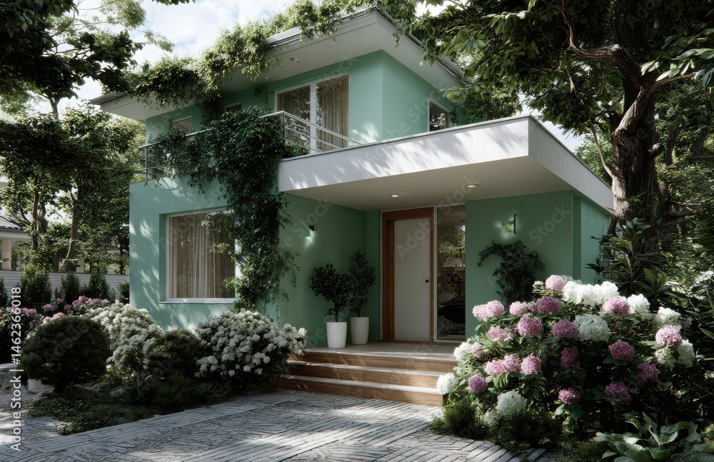 Fototapeta premium Modern green sustainable house surrounded by lush greenery
