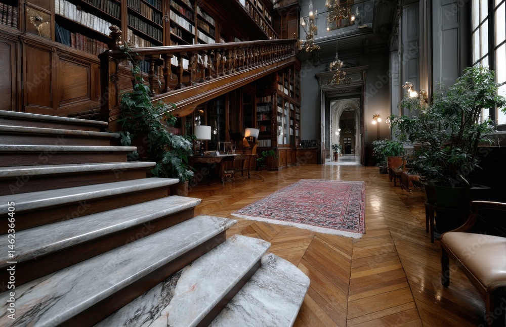 Obraz premium Elegant library interior with wooden staircase and bookshelves