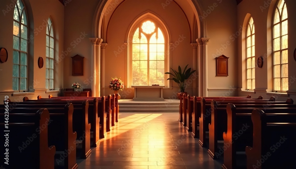 Fototapeta premium Empty church pews, soft light illuminating the altar , space, building