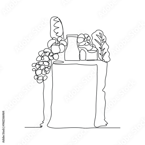 Continuous line sketch drawing of shopping grocery paper bag full of fresh fruit and vegetable. One line drawing of healthy food lifestyle. Vector illustration editable stroke