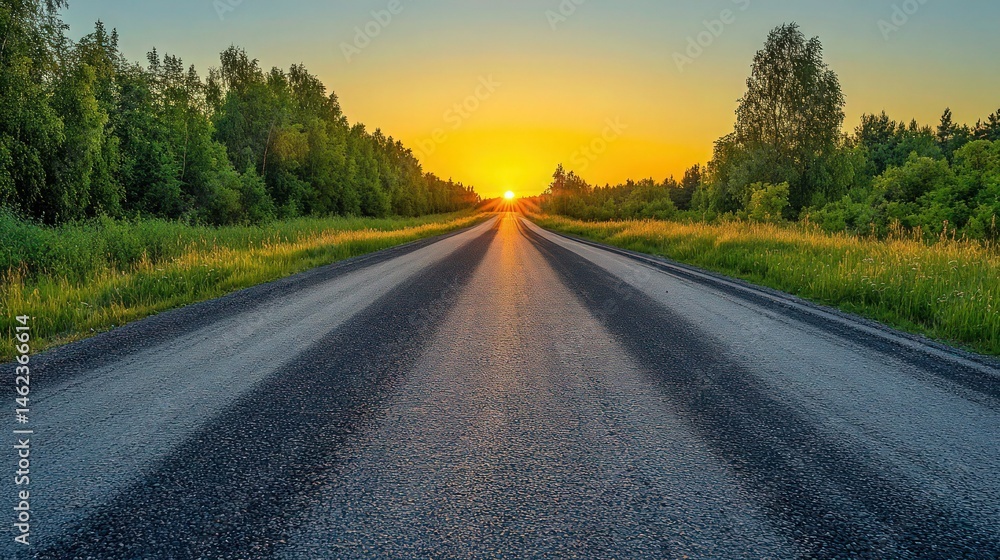 Asphalt road in summer at sunset. Summer evening. Sunny clear weather Asphalt road in summer at sunset. Summer evening. Sunny clear weather