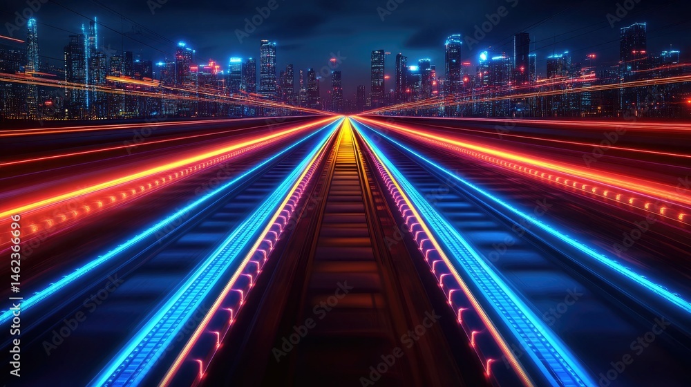 A city skyline at night with light trails over glowing train tracks. It can be used for travel, transportation, or futuristic concepts. A city skyline at night with light trails over glowing train tracks. It can be used for travel, transportation, or futuristic concepts.