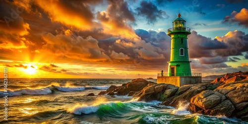 Serene Green Lighthouse on Rocky Coast at Sunset - Stunning Coastal Landscape Photography
