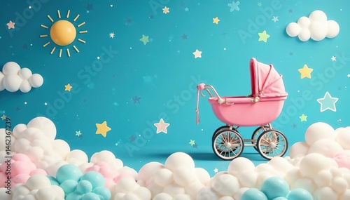 Pastel colored strollers, whimsical clouds & stars pattern, carriage, soft, texture