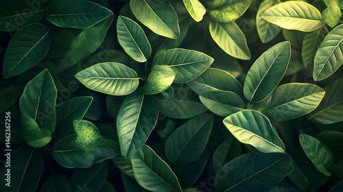 Close-up view of lush green leaves in natural sunlight.