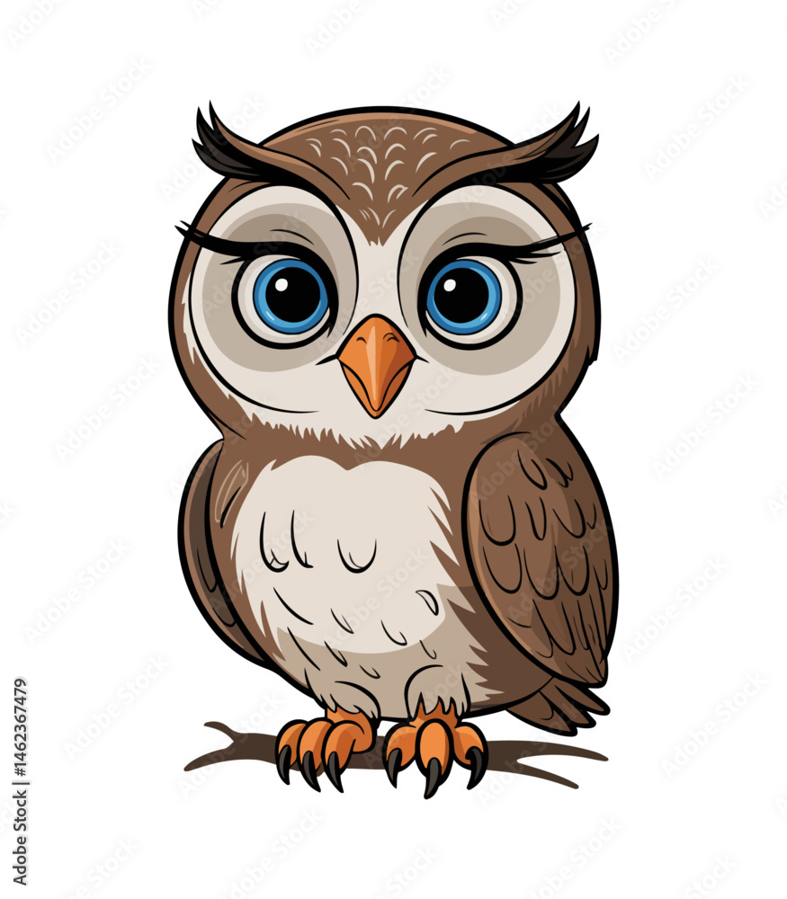 Fototapeta premium A cartoon vector illustration of an owl sitting on a branch.
