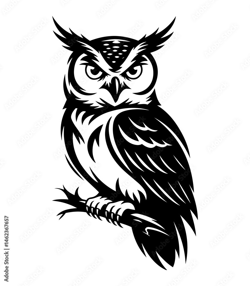 Obraz premium A black and white vector illustration of an owl sitting on a branch.