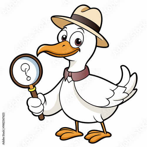 Cartoon Goose Detective Holding Magnifying Glass with Question Mark