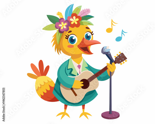 Cute Cartoon Chicken Singing and Playing Acoustic Guitar
