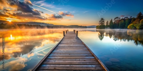 Serene Lakeside Pier: Stunning Sunrise over Calm Waters