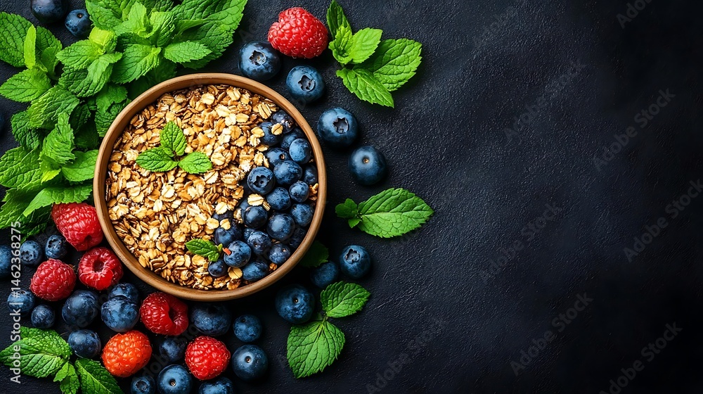 Granola, berries, healthy breakfast Granola, berries, healthy breakfast