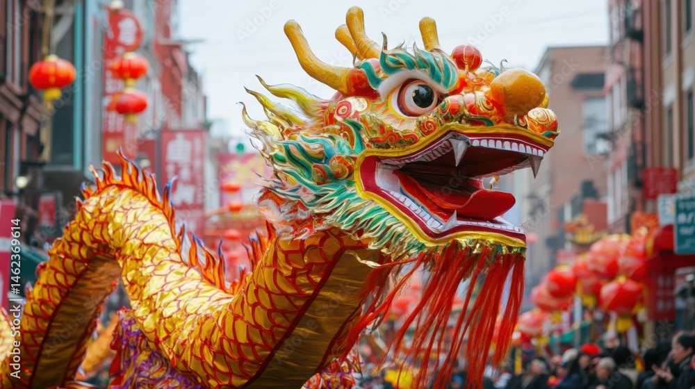 Fototapeta premium A vibrant New Yearâ€™s dragon dance parade in Chinatown.
