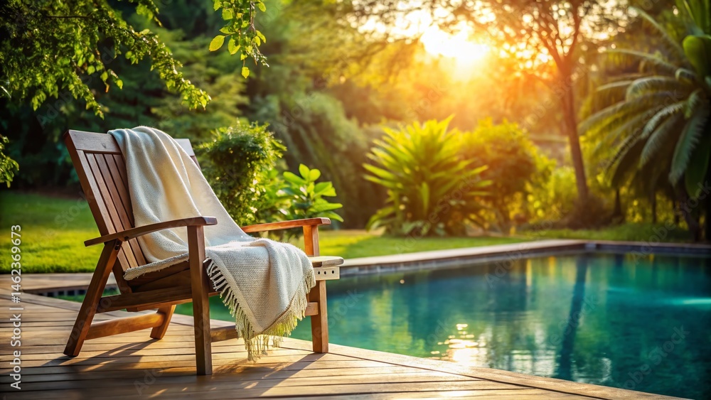 Obraz premium Serene Poolside Relaxation: Rustic Chair & White Blanket Silhouette