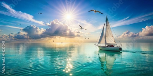 Serene Sailing Boat on Calm Ocean Waters with Birds in Flight - Tranquil Seascape Stock Photo