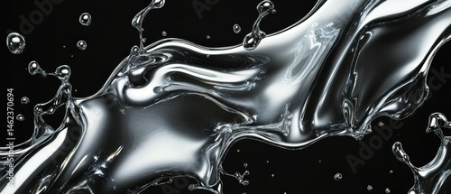A realistic illustration of splashes of sparkling chrome metal on a black background, showcasing shiny iridescent silver substance, abstract mercury drops, and toxic fluid stains