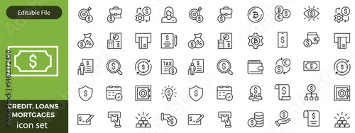 Credit, Loans and Mortgages web icons in outline style. Credit card, deposit, car leasing, rate interest, calculator, income, rating, collection. Editable stroke outline icon.