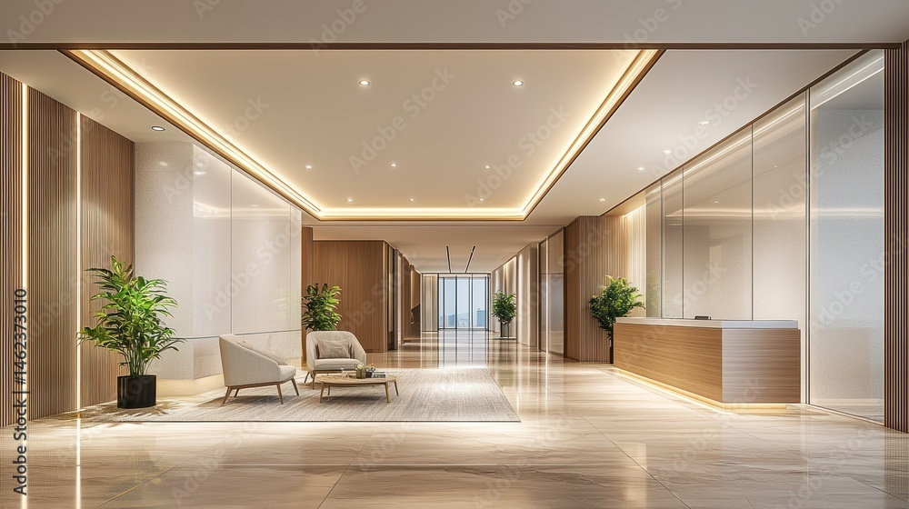 Fototapeta premium Modern office lobby with neutral tones, natural light, and sleek design
