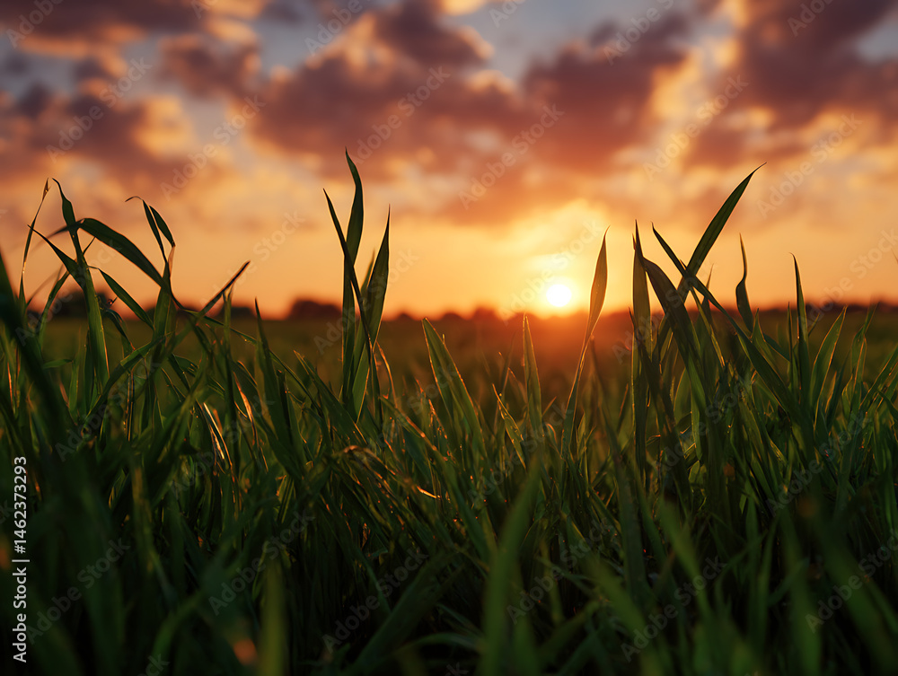 Fototapeta premium Peaceful Grass Landscape with Warm Sunset Backdrop 