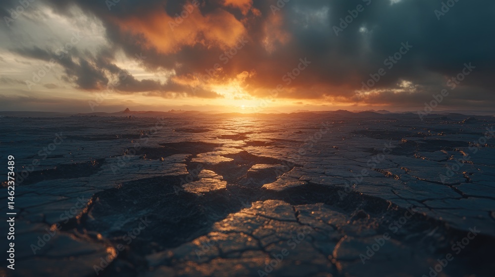 Dramatic sunset over a cracked, desolate landscape Dramatic sunset over a cracked, desolate landscape