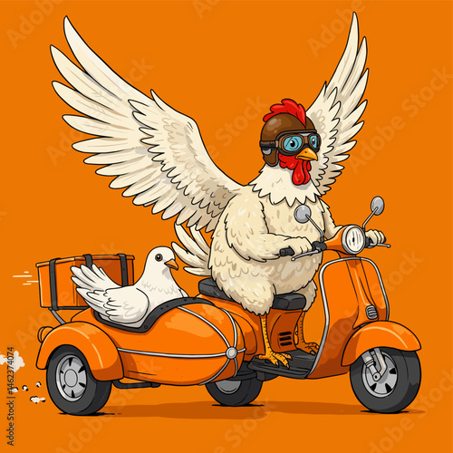 Cuadro en lienzo Chicken in Aviator Helmet Riding Scooter with Bird in Sidecar