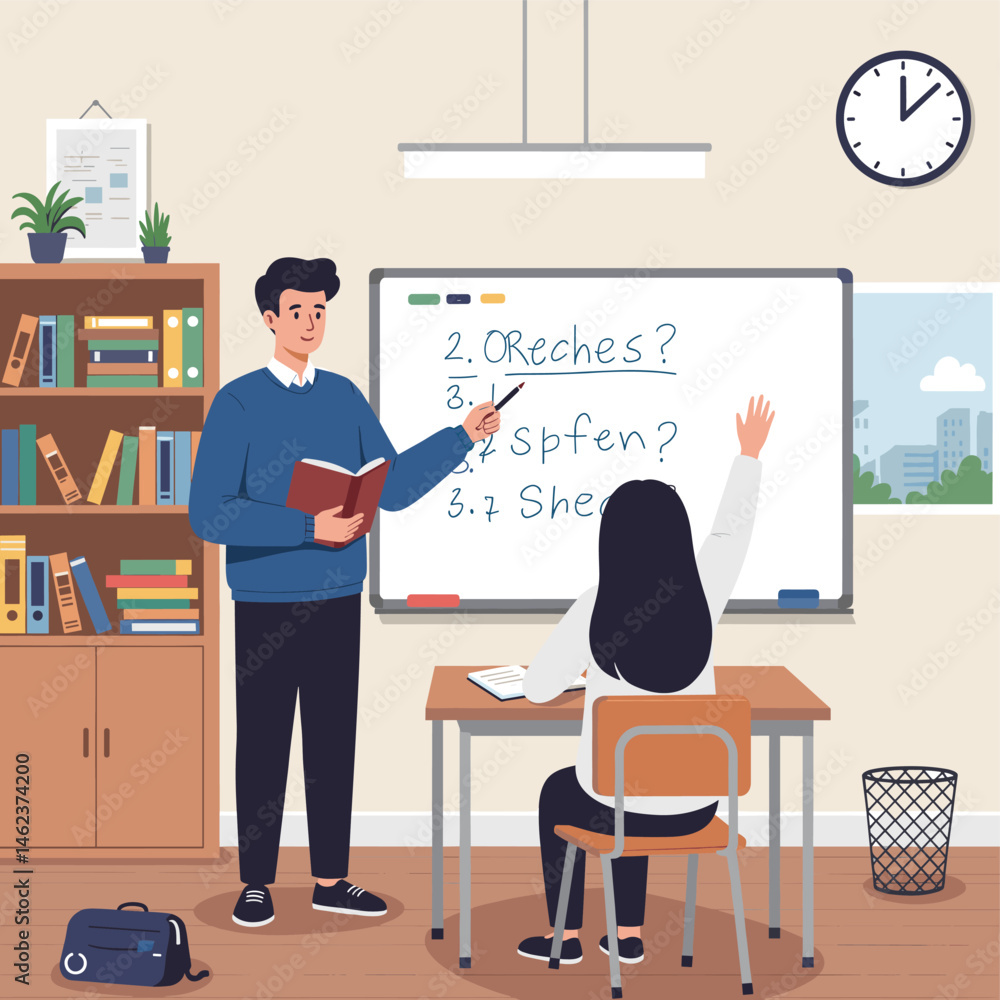 Male Teacher and Student with Raised Hand in Classroom with Whiteboard Male Teacher and Student with Raised Hand in Classroom with Whiteboard