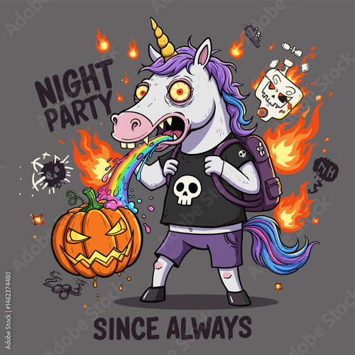 "Night Party" Unicorn Vomiting Rainbow with Jack-o'-lantern