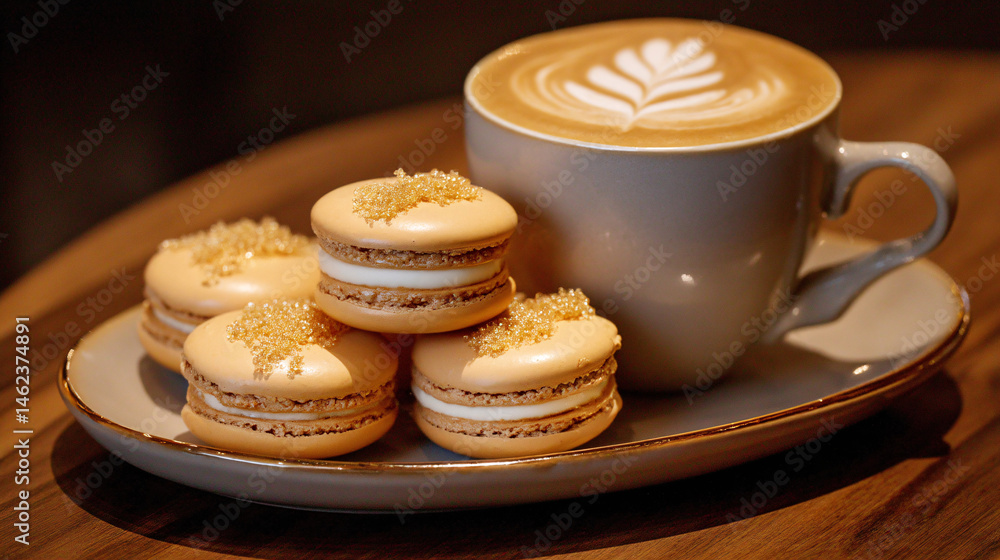 Elegant Vanilla Macarons Topped with Golden Sprinkles and Cappuccino Elegant Vanilla Macarons Topped with Golden Sprinkles and Cappuccino