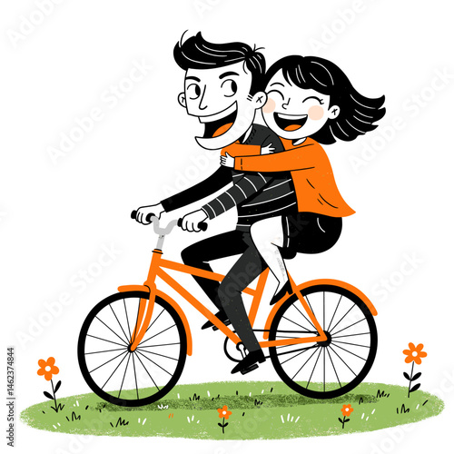 Happy Cartoon Couple Riding Orange Bicycle Together in Park