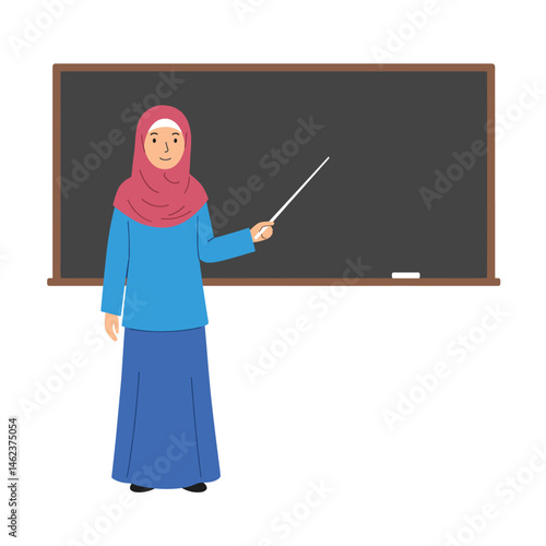 Muslim Female Teacher in Hijab Pointing at Blank Chalkboard