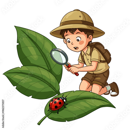 Young Explorer's Discovery: A curious young explorer, equipped with a magnifying glass, marvels at a vibrant ladybug on a lush green leaf, igniting a sense of wonder and the thrill of exploration.